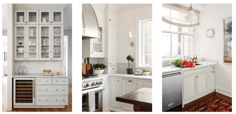 White kitchen interiors, cabinets, appliances, style guide.