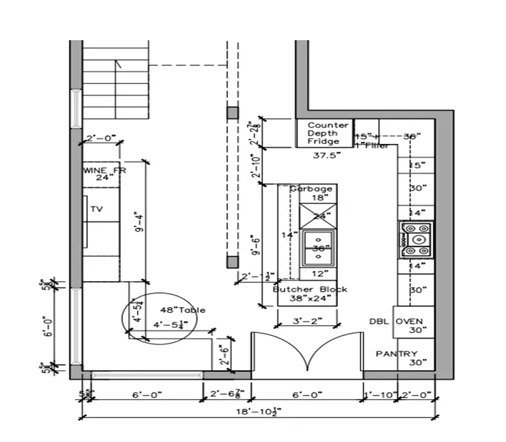 Kitchen floor plan, dimensions, appliances, layout guide.