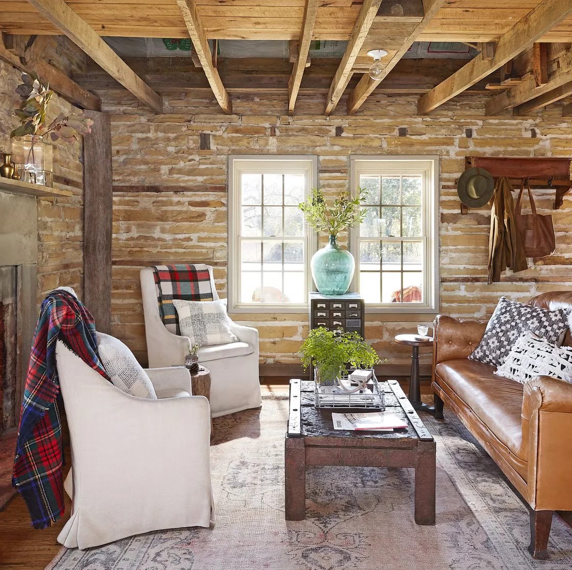 Rustic large living room with natural textures