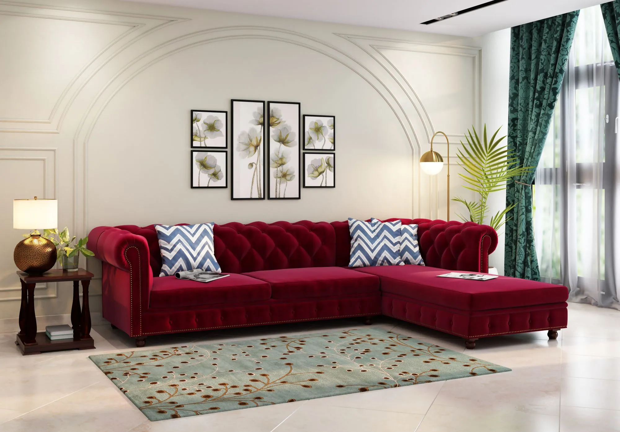 Classic living room, burgundy velvetL-Shaped Sofa with tufted design, art