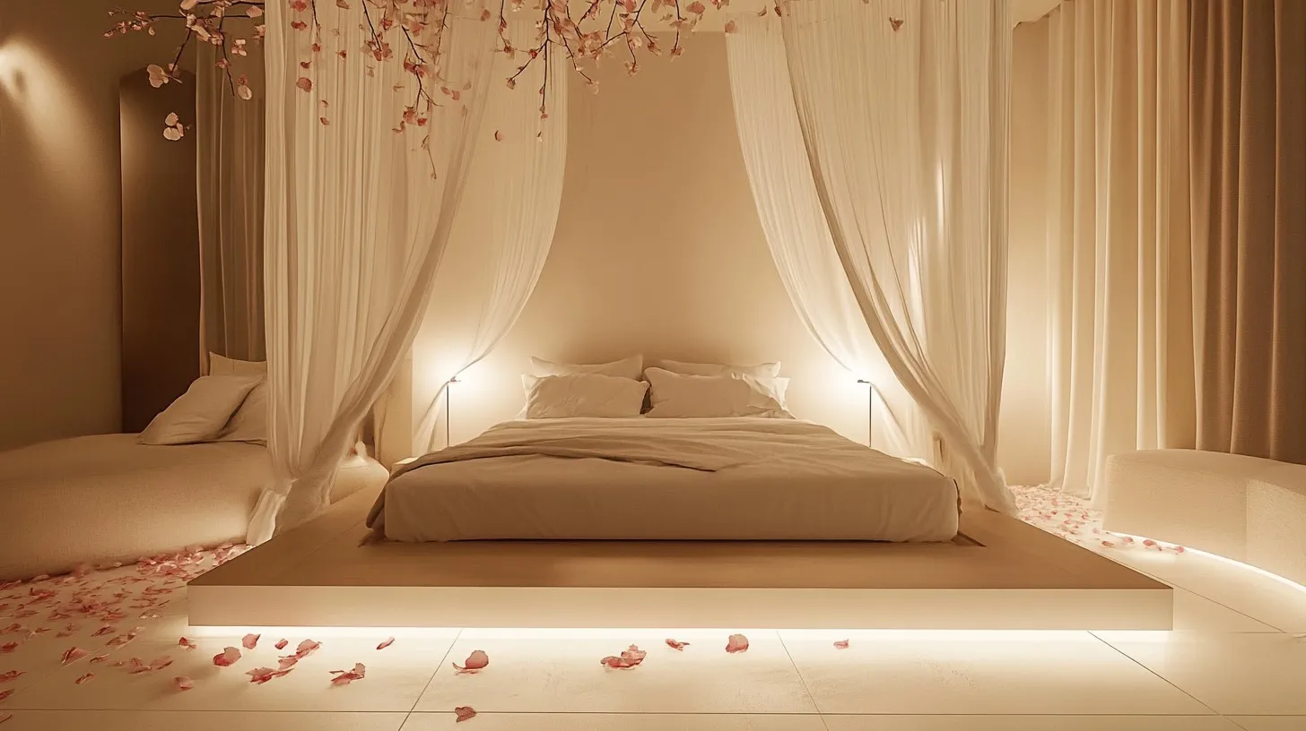 Married couple bedroom ideas with soft lighting and canopy bed.