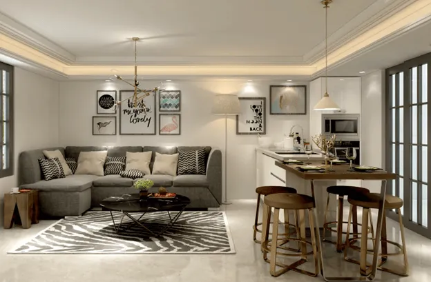 Luxury studio apartment design with modern decor and lighting