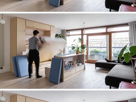 Studio apartment with a space-saving foldable bed design