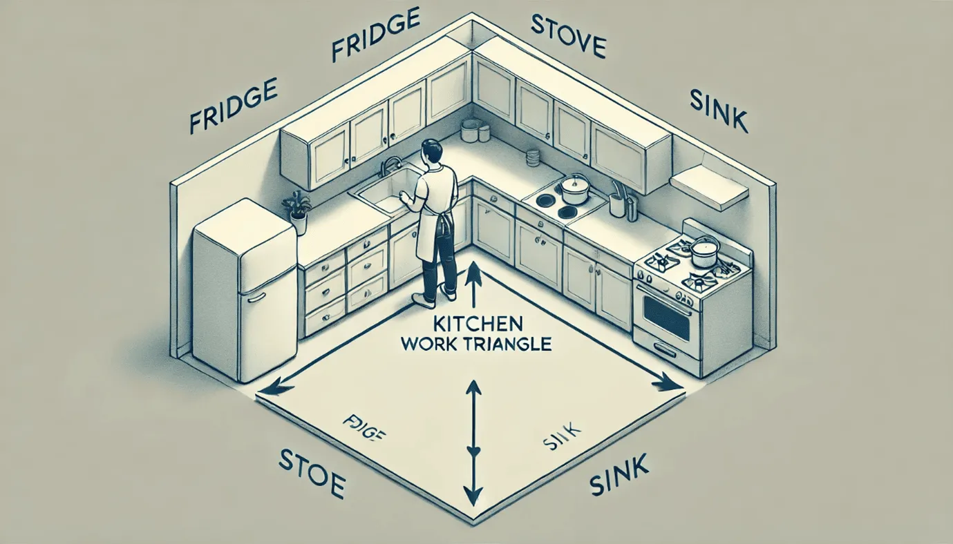 Kitchen work triangle, layout guide, appliances, efficiency.