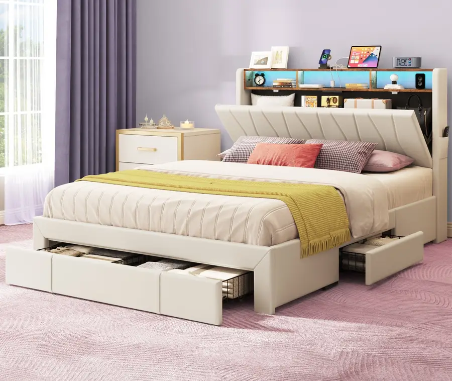 Storage Giant Mattress bed drawers headboard shelves light