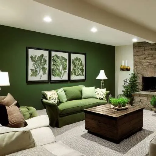 Green living room stone fireplace BASEMENT PAINT COLOR