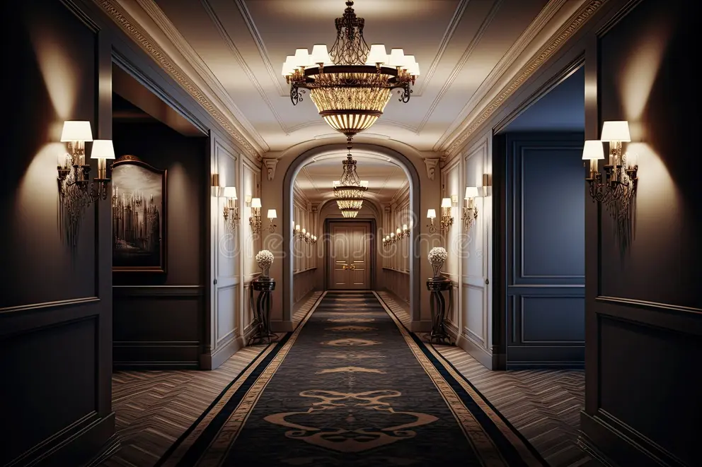 Luxurious hall wall with royal texture paint designs and chandeliers