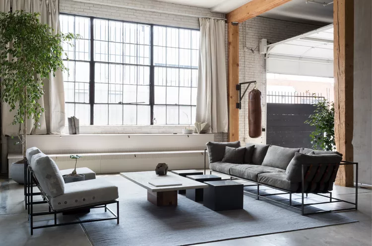 Small living room industrial brick gray sofa metal