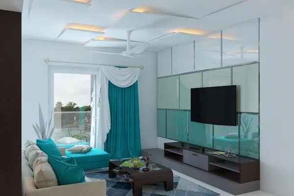 Small living room teal TV unit modern design