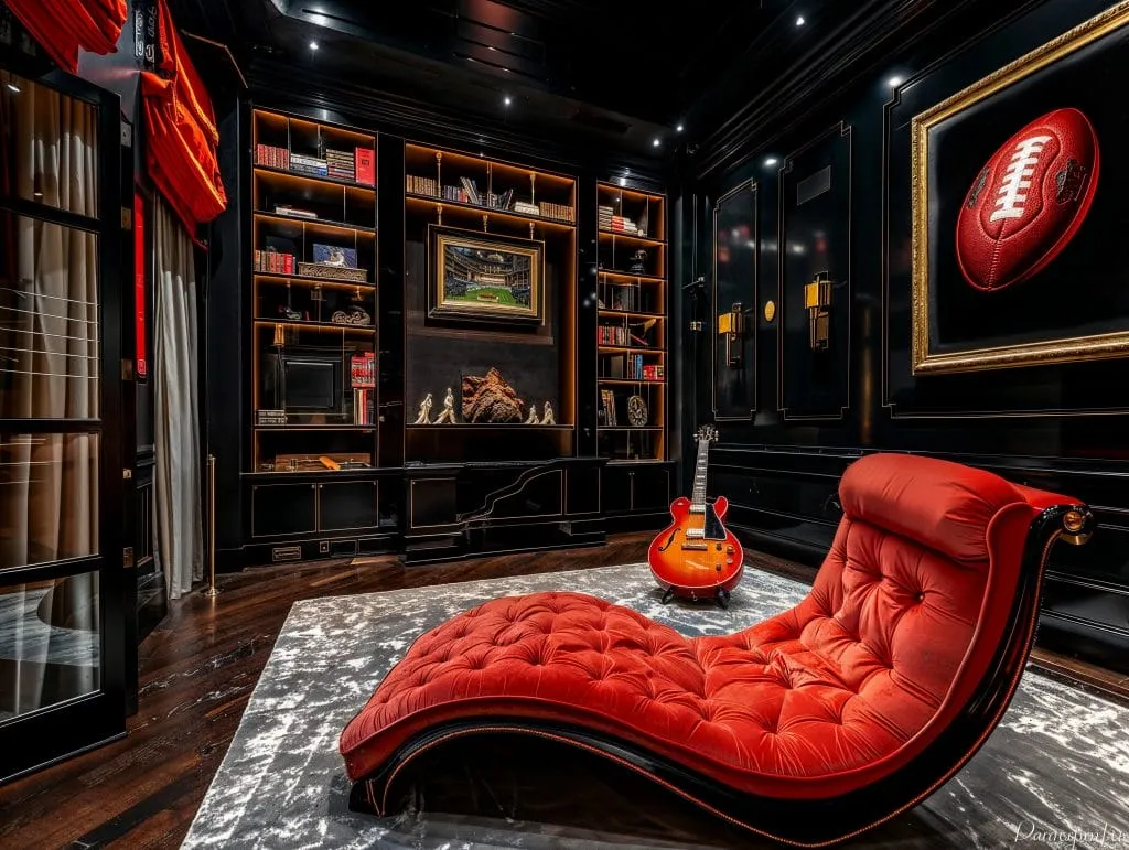 Dramatic dark room red chaise guitar football art