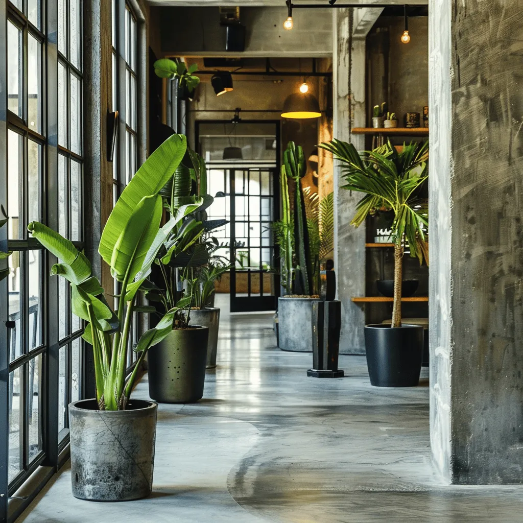 Industrial hall with royal texture paint rustic walls and plants