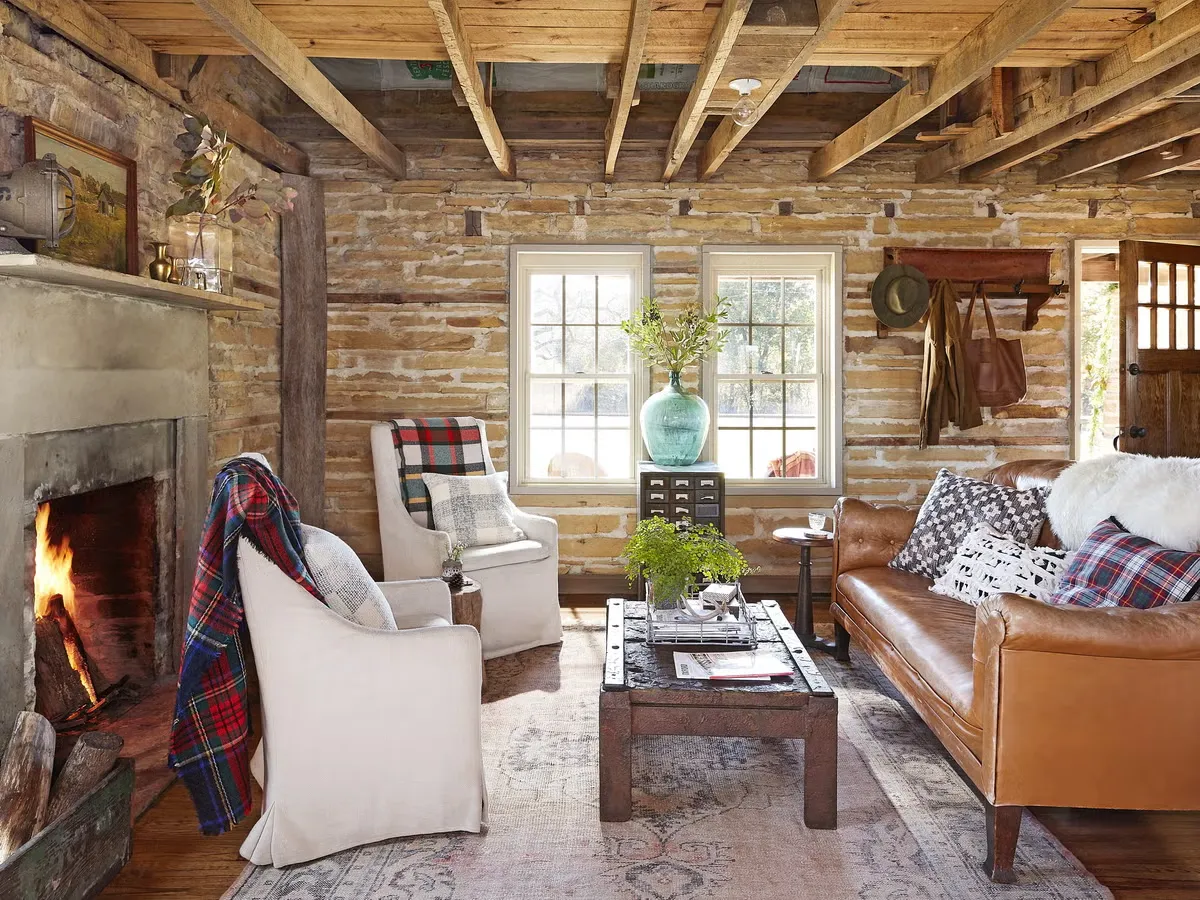 Small living room rustic wood stone fireplace