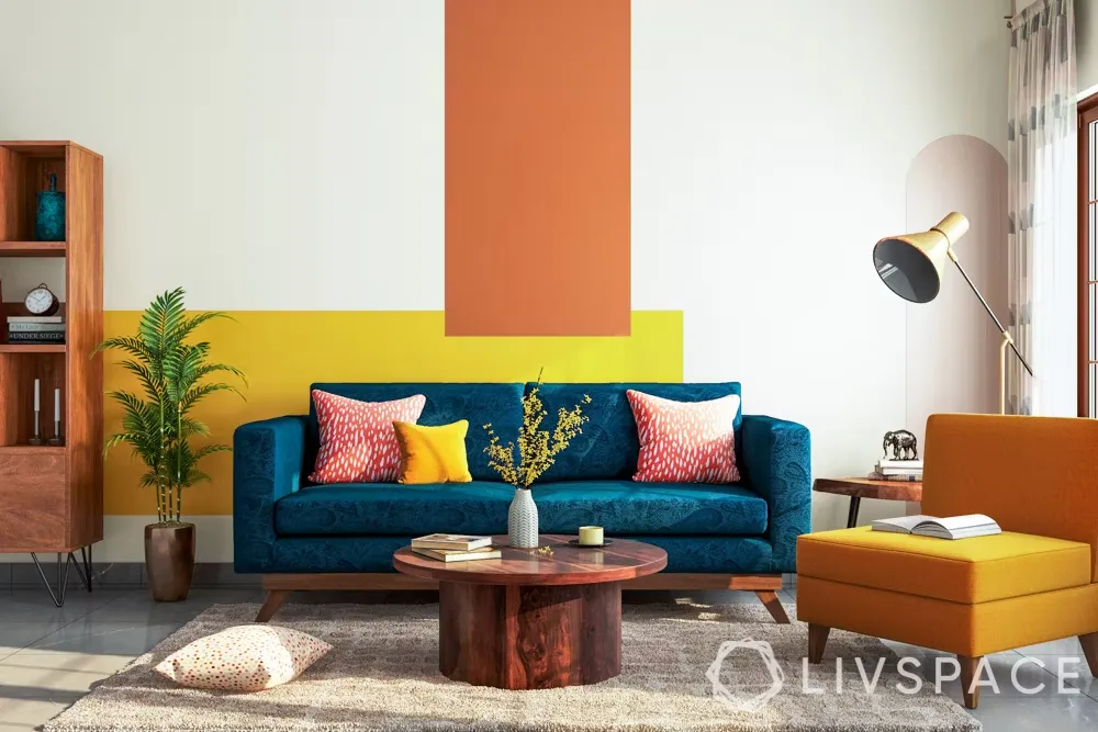  Small living room teal sofa yellow chair color walls