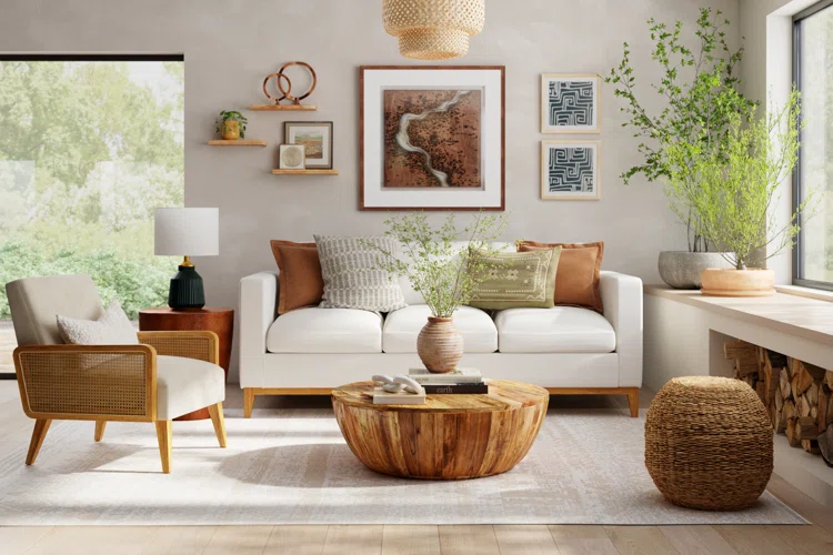 Small living room with rattan chair and wood table art.