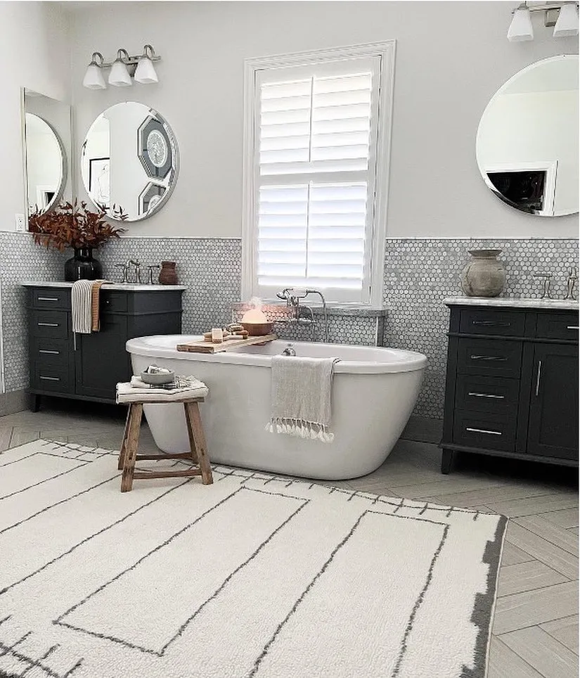 Modern Bathroom Rug Over Bare Flooring with Double Vanity