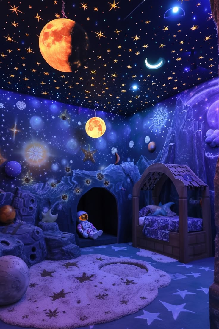 Space-themed ceiling design for fun and creative kids’ rooms