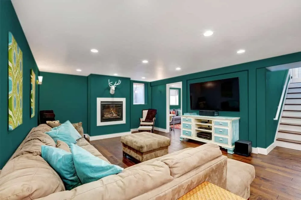 Teal basement living room sofa BASEMENT PAINT COLOR