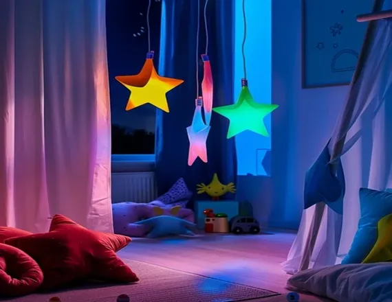 Star-themed nursery room with soft lighting and cozy decor elements