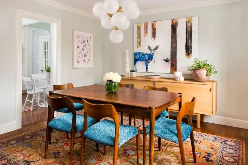 Mid-Century Dining Rug Over Bare Flooring design